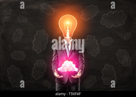Businessman with light bulb head holding neon pink cloud in hands on black cloud pattern background Stock Photo