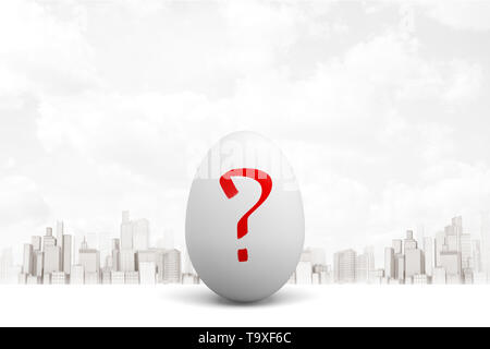 3d rendering of white egg with red question mark on white city skyscrapers background Stock Photo