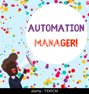 Writing note showing Automation Manager. Business concept for eliminate repetiative tasks across your customer base Young Man Shouting in Megaphone Fl Stock Photo