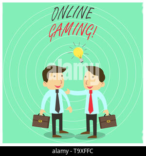 Text sign showing Online Gaming. Business photo text action or practice of playing video games on the internet Two White Businessmen Colleagues with B Stock Photo