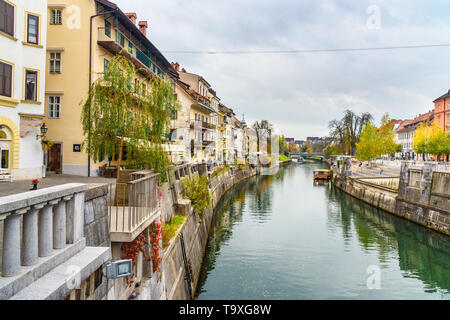 Ljubljana, Slovenia - October 26, 2018: View of Ljubljanica river and Triple Bridge or Tromostovje in Ljubljana Stock Photo