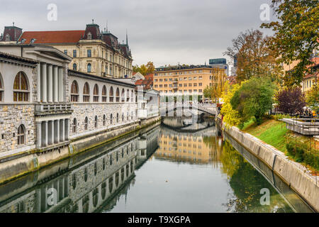 View of Ljubljanica river and Triple Bridge or Tromostovje in Ljubljana. Slovenia Stock Photo