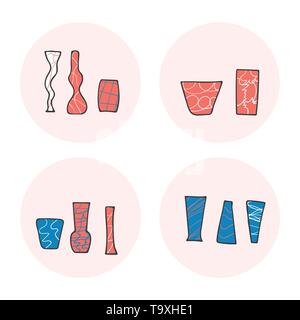 Set of flowers vases in doodle style. Vector illustration. Stock Vector