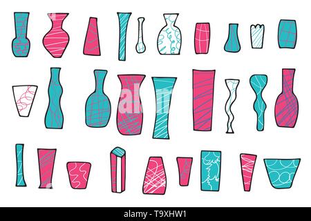 Set of flowers vases in doodle style. Vector illustration. Stock Vector