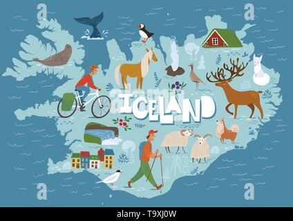 Travel vector map of Iceland with animals and landscapes. Stock Vector
