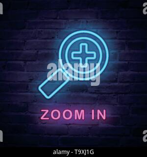 Vector illuminated neon light icon sign megaloscope zoom in. Ideal for both print and web design. Stock Vector