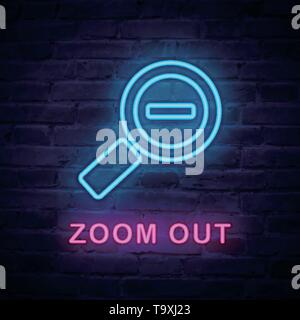 Vector illuminated neon light icon sign megaloscope zoom out. Ideal for both print and web design. Stock Vector