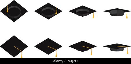 Set of icons with an academic cap in different angles Vector flat illustration Stock Vector