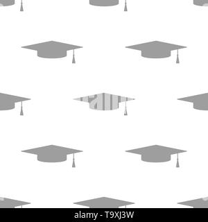 seamless pattern of academic light caps caps in light gray on a white background. Vector flat illustration. Stock Vector