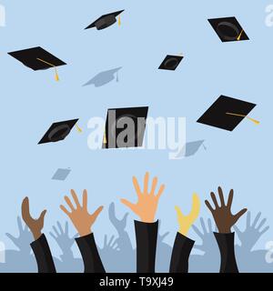 Graduating students of pupil hands throwing graduation caps in the air, vector flat illustration Stock Vector