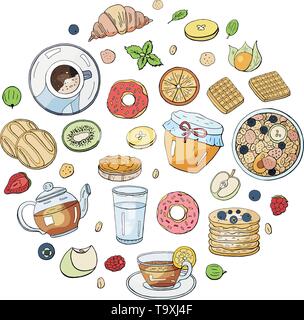 Set of morning breakfast elements isolated on white background in circle shape.  Tea, scrambled eggs. coffee, honey, pancakes. Stock Vector