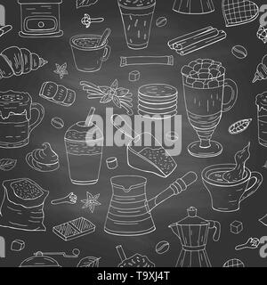 Seamless pattern with different coffee elements on chalkboard. Coffee collection on black background Stock Vector