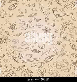 Seamless pattern with different spices on light beidge background. Asian indian spices collection. Stock Vector