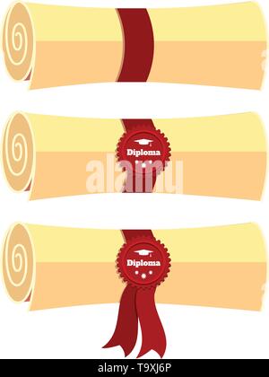 set of folded diplomas with ribbon and stamps. Vector flat illustration. Stock Vector