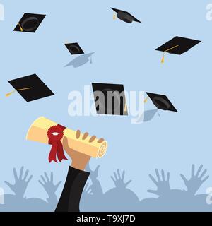 Graduate hand holds diploma with ribbon and stamp. Vector flat illustration. Stock Vector