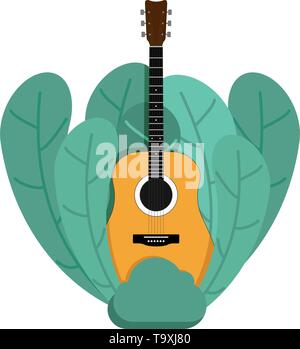 Acoustic guitar on a plant background isolated on white background. Vector illustration. Stock Vector