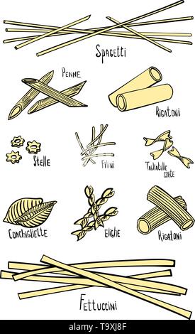 A set of different types of pasta in colored hand-drawing lines. Vector illustration Stock Vector