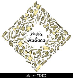 Square frame with italian macaroni of different kinds. Colored hand draw on white background. Vector illustration Stock Vector