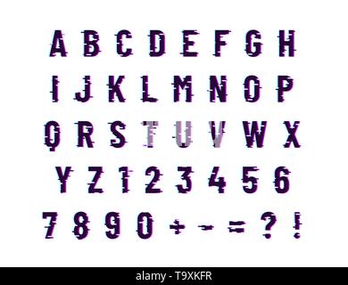 Glitch computer distortion font, latin letters isolated on white Stock Vector