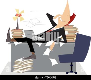 Man in the office lies on the table with piles of documents in front of the tabletop fan and takes a delight from the fresh air isolated illustration Stock Vector