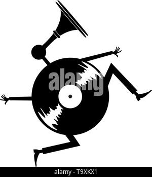 Cartoon running vinyl illustration. Comic long-playing record with hands, legs and loud hailer instead the head black on white Stock Vector