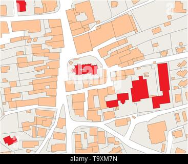 Imaginary cadastral map of an area with buildings and streets Stock Vector