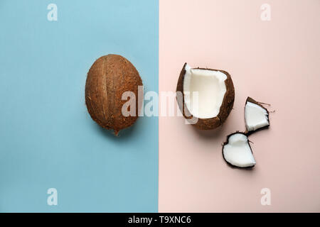Composition with ripe coconuts on color background Stock Photo