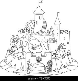 vector flat line fantasy castle sand, sandcastle fort sculpture Stock Vector