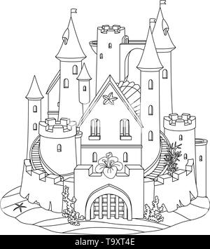 vector black, white fantasy castle sand, sandcastle fort sculpture Stock Vector