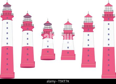 vector flat outline Lighthouse, light house, beacon set Stock Vector