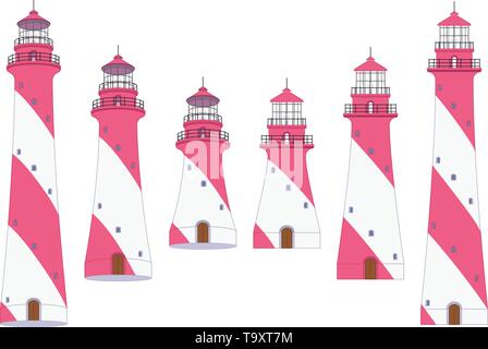 vector flat outline Lighthouse, light house, beacon set Stock Vector