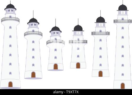 vector flat outline Lighthouse, light house, beacon set Stock Vector