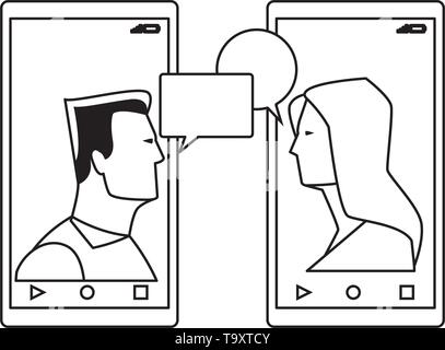 cellphones showing a couple black and white Stock Vector
