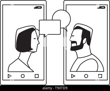 cellphones showing a couple black and white Stock Vector