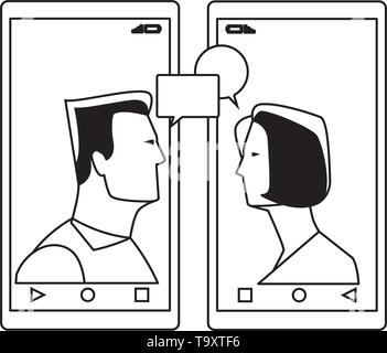 cellphones showing a couple black and white Stock Vector