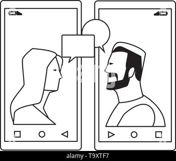 cellphones showing a couple black and white Stock Vector