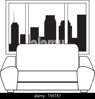 couch next to a window black and white Stock Vector