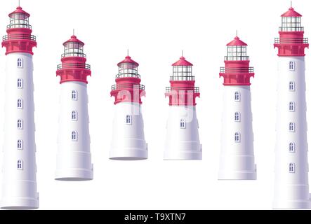 vector Lighthouse, light house, beacon maritime tower set Stock Vector