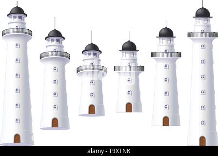 vector Lighthouse, light house, beacon maritime tower set Stock Vector