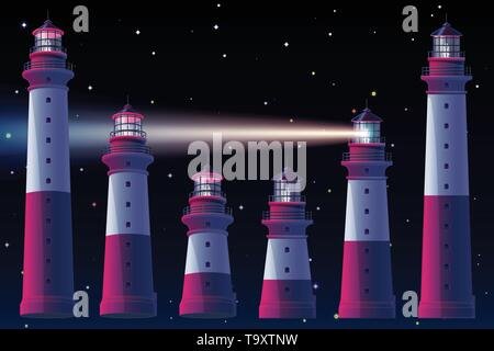 vector Lighthouse, light house, beacon maritime tower set Stock Vector