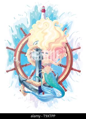 vector creative sea mermaid and anchor collage Stock Vector
