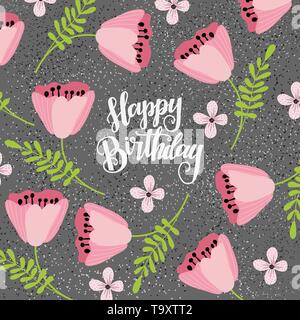 Happy Birthday. Doodle flowers scattered on the background and the congratulatory text. Vector Stock Vector