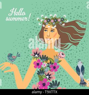 Hello summer. Cute girl with a wreath on her head, in a dress of doodle flowers, and the birds sitting on her. Vector hand draw Stock Vector