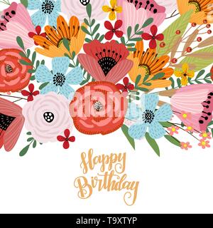 Happy birthday. Postcard template with cute hand drawing bright bouquet of flowers, vector Stock Vector
