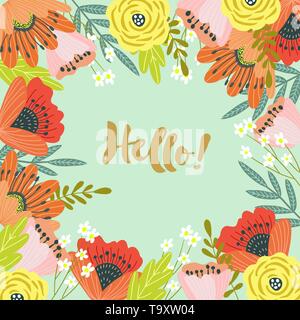 Hello. Template for cards and banners with cute doodles flowers wirh text, vector Stock Vector