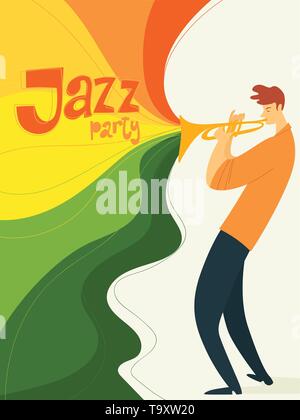 Vector jazz party poster with musician playing trumpet Stock Vector
