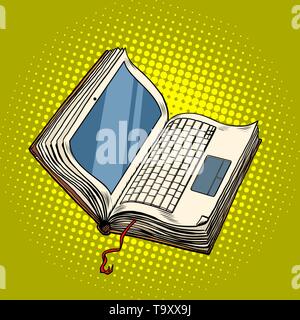 book laptop electronic library, online education. Pop art retro vector illustration vintage kitsch Stock Vector
