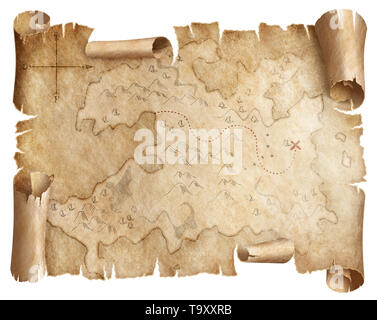 Ancient worn treasure map isolated Stock Photo