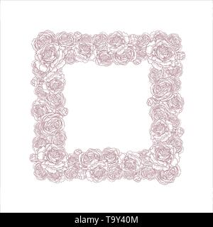 Decorative frame with flowers, roses, peonies. Elegant and stylish template for text. Vector illustration drawing. Stock Vector