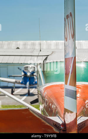 May 7, 2019 - Delta, British Columbia: Cesssna 150G rear view, rudder, elevators and stablizers at Delta Heritage Airpark on bright sunny day. Stock Photo